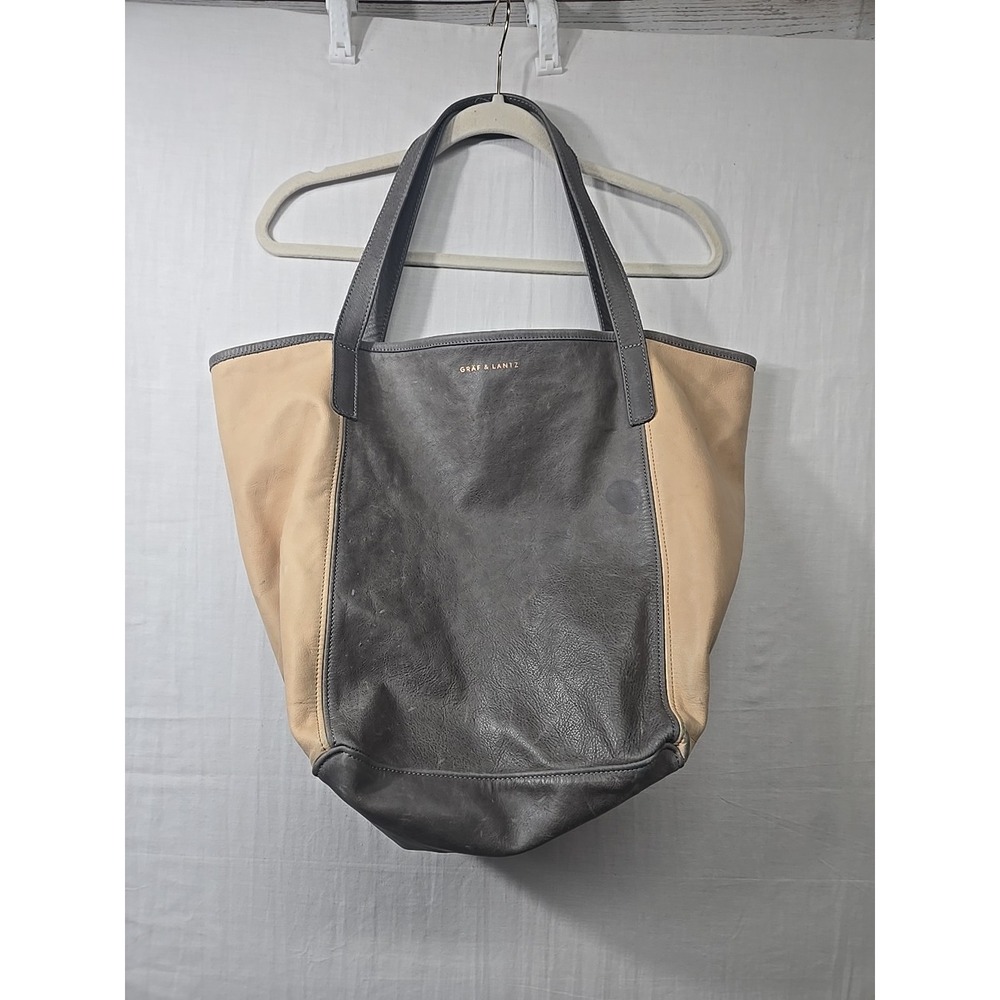 Graf & Lantz Leather City Tote Handbag Two Tone Colorblock Grey Tan Quiet Luxury